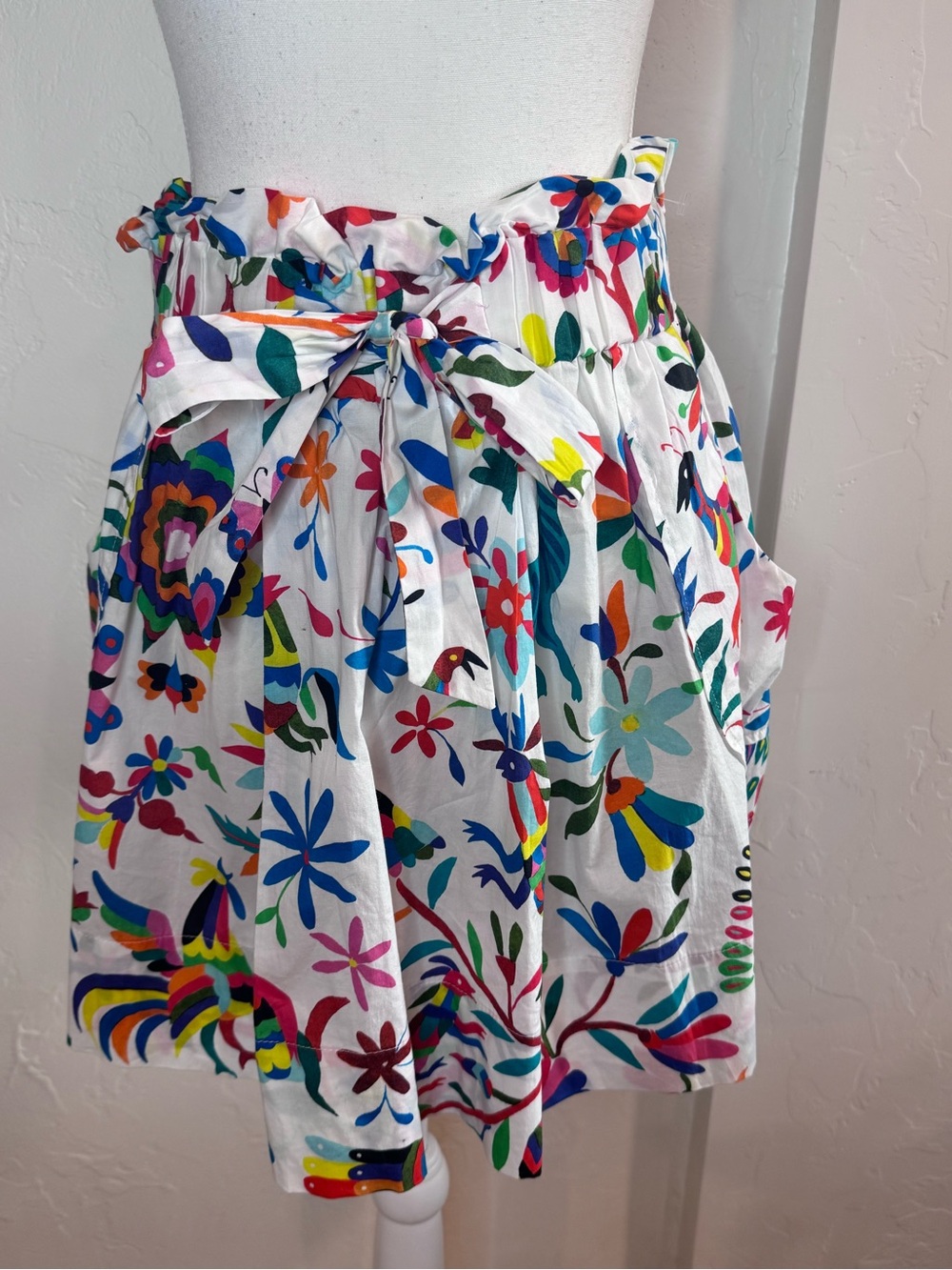 MILLY Paperbag Waist Floral Skirt | Colorful Folk Art Print Cotton Tie Waist - Picture 2 of 7